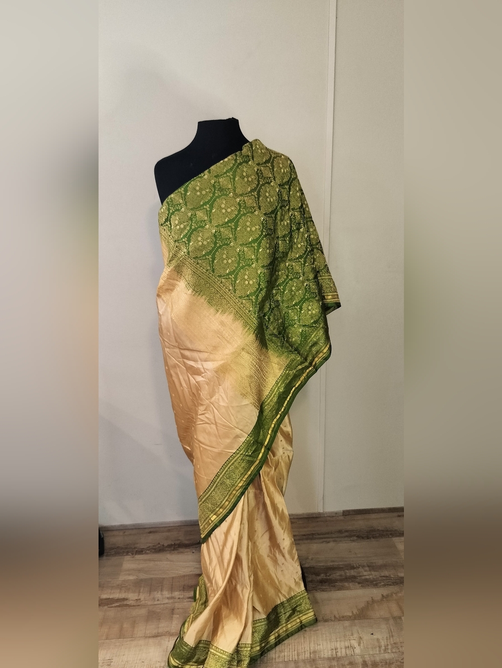 Green and Gold Silk Saree with Woven Motif